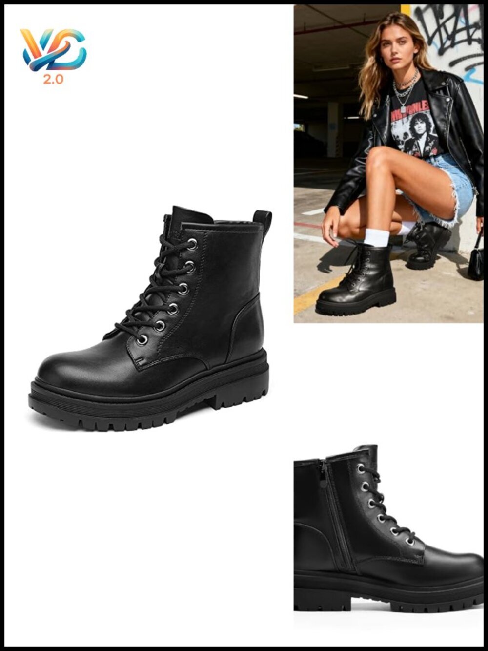 Faux Leather Lace-up Platform Side Zipper Lug Sole Combat Boots Ankle Booties